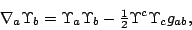 \begin{displaymath}
\nabla_a\Upsilon_b=\Upsilon_a\Upsilon_b
-{\textstyle\frac{1}{2}}\Upsilon^c\Upsilon_cg_{ab},\end{displaymath}