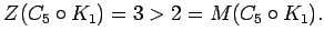 $ Z(C_5\circ K_1)=3>2=M(C_5\circ K_1).$