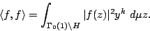 \begin{displaymath}\langle f,f\rangle =\int_{\Gamma_0(1)\backslash \Cal{H}}\vert f(z)\vert^2y^{k} ~d\mu z .\end{displaymath}