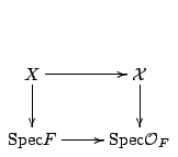 $\displaystyle \xymatrix{
X \ar[r] \ar[d] & \mathcal{X}\ar[d] \\
{\mathrm{Spec}}F \ar[r] & {\mathrm{Spec}}\mathcal{O}_F
}$