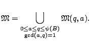 $\displaystyle \mathfrak{M}=\bigcup_{\substack{0 \leq a \leq q \leq \psi(B) \\ \gcd(a,q)=1}} \mathfrak{M}(q,a). $