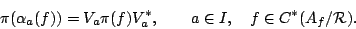 \begin{displaymath}
\pi(\alpha_a(f))=V_a\pi(f)V_a^*,\qquad a\in I,\quad f\in
C^*(A_f/{\mathcal R}).
\end{displaymath}