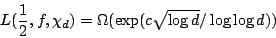\begin{displaymath}L(\frac12 ,f,\chi\sb d)=
\Omega(\exp(c\sqrt{\log d}/\log\log d))
\end{displaymath}
