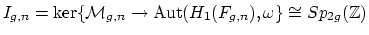 $ I_{g,n} = \mathrm{ker}\{
\mathcal{M}_{g,n} \to \mathrm{Aut}(H_1(F_{g,n}),\omega\} \cong
Sp_{2g}(\mathbb{Z})$
