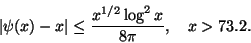 \begin{displaymath}
\vert\psi (x) -x\vert \leq \frac{x^{1/2}\log^2x}{8\pi}, \quad x > 73.2.
\end{displaymath}