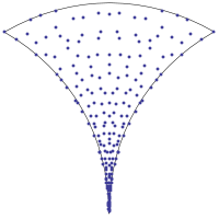 Dots in a triangle with curved sides.