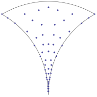 Dots in a triangle with curved sides.